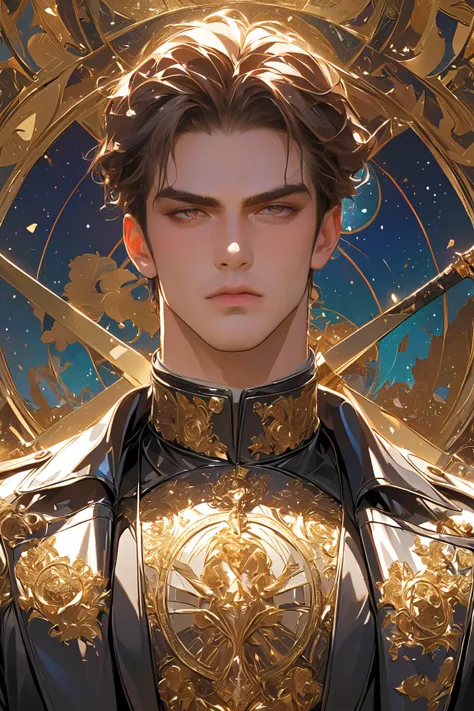 (disorganized,  High resolution, super detailed), 1 macho, adult,  looking good, tall and muscular man,  wide shoulder leather jacket,  Small Eyes and Small Face Cast, knights \tarot\,  Royal Knight , Armor, sword, symbolism, visual art, hidden, IWC ,  vis...