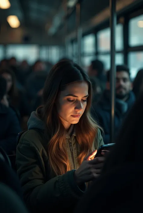 par un triste matin d octobre, une belle jeune femme brune, Scroll son écran de smartphone dans un autobus bondé de gens partants au travail.