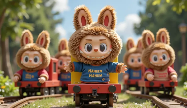 group Labubu, a cute brown furry doll-like character, wearing a tshirt colored text "Haneen Hanum", Labubu is dancing on Thomas's train,