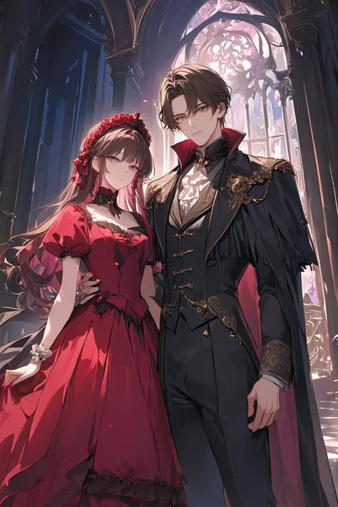 1 male 1 female, with different hair color,  extremely detailed face,  Long hair with black fringe and purple eyes ,  short dark brown hair and dark gray eyes , way a way,  25 years old,  Victorian era, ( the woman wears a red dress ), (  the man wears a l...