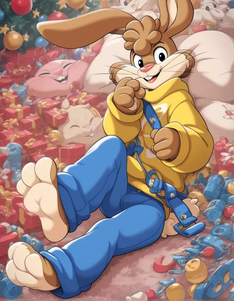 zPDXL3,quicky,4 fingers,brown fur, blue pants, yellow winter sweater, French style, sitting down on the bed in the bedroom, young 25 year old adult, 6 feet tall, cute version of quicky, cute rabbit hair, furry, rabbit, male, femboy, slim,solo,looking_at_vi...