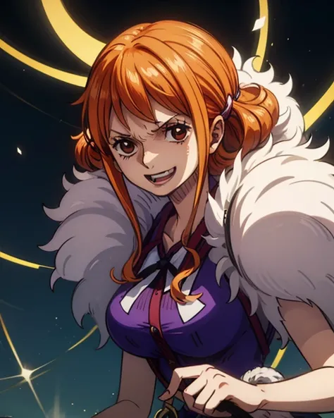 (最高masterpiece,  top quality, 4K, 8k,  high resolution,masterpiece:1.2), Nami in One Piece,smile,Mysterious Knight,Miracle,Power Spot,Fantastic world tree,Green Sun,Holy Sword,Holy Swordの斬撃,She's on an adventure to defeat the demon king,Mysterious Knightで剣...