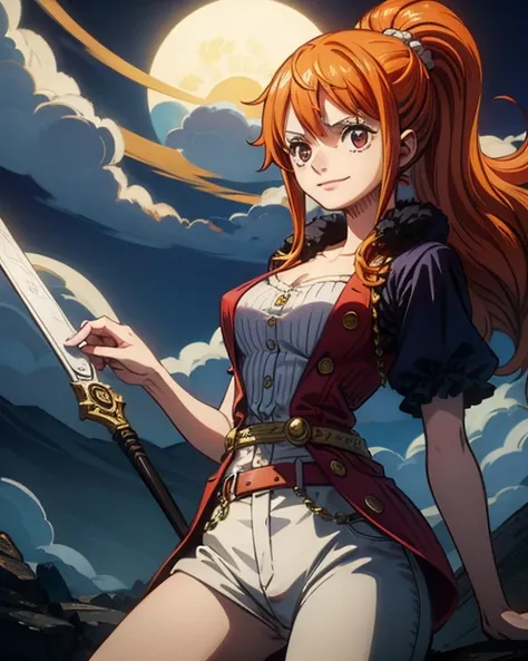 (最高masterpiece,  top quality, 4K, 8k,  high resolution,masterpiece:1.2), Nami in One Piece,smile,Mysterious Knight,Miracle,Power Spot,Fantastic world tree,Green Sun,Holy Sword,Holy Swordの斬撃,She's on an adventure to defeat the demon king,Mysterious Knightで剣...