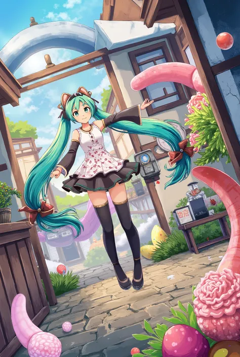 (masterpiece、 top quality、 top quality、 Official Art、 beautiful beautiful:1.2)、( one girl to rainbow:1.3) Hatsune Miku、 Twin Tails, big breasted with a cross eye,( cute:1.5),(little:0.5),( cute:2.0),( and :2.0),(  girl),( alone:1.65),break, ( flat chest:1....