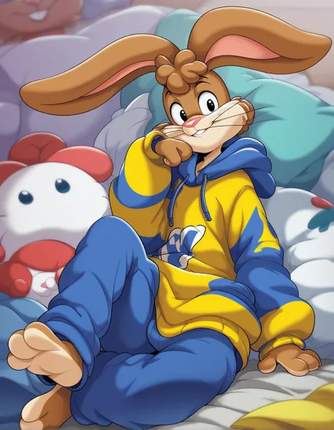 zPDXL3,quicky,4 fingers,brown fur, blue pants, yellow winter sweater, French style, sitting down on the bed in the bedroom, young 25 year old adult, 6 feet tall, cute version of quicky, cute rabbit hair, furry, rabbit, male, femboy, slim,solo,looking_at_vi...