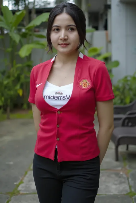Beautiful female photography model, Indonesian artist Bulan Sutena, She poses very seductively, looking forward at the camera, the girl poses while standing, daylight, (( sexy red shirt with manchester united writing, in the street, camel toe, arrousing, t...