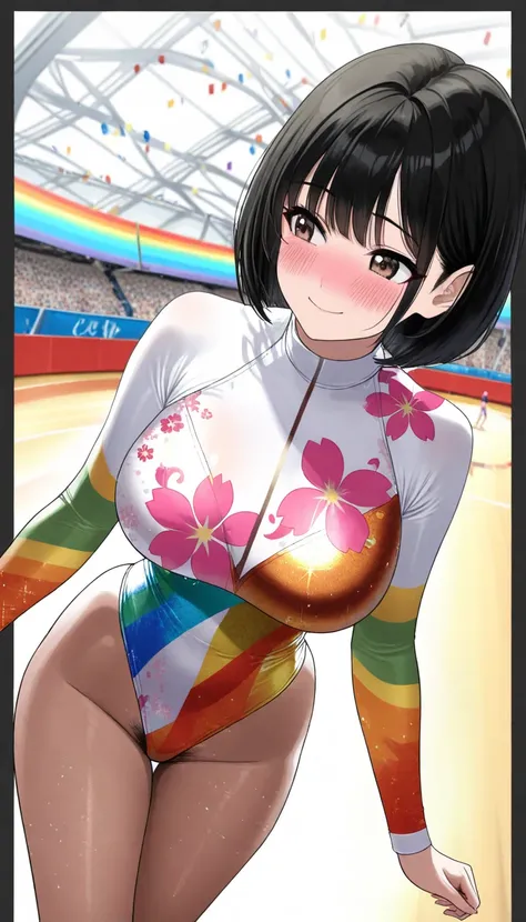 ( beautiful girl  : 1.3), 1 girl,(Gymnast ics leotard, Floral print leotard,Long sleeve leotard with glitter decoration,expensive_leg leotard,  athletic leotard ,  tight leotard ,  rainbow gradation leotard,Big Breasts,pubic hair), black hair, bob cut,smil...