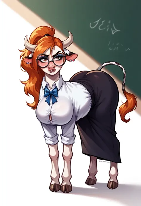 A few beautiful woman, Kim possible, transforming into a cow, beautiful brown eyes, sexy, nymph, (ginger hair with blue streaks, in a ponytail:1.2). (Floppy ears:1.1), (cow tail:1.3), dark brows, horns, (large breasts:1.2), full lips, pale skin, long lashe...