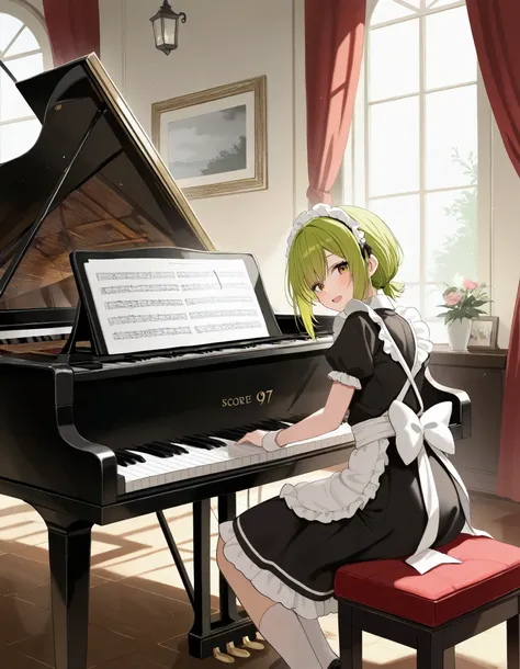 Maid playing piano,  green hair