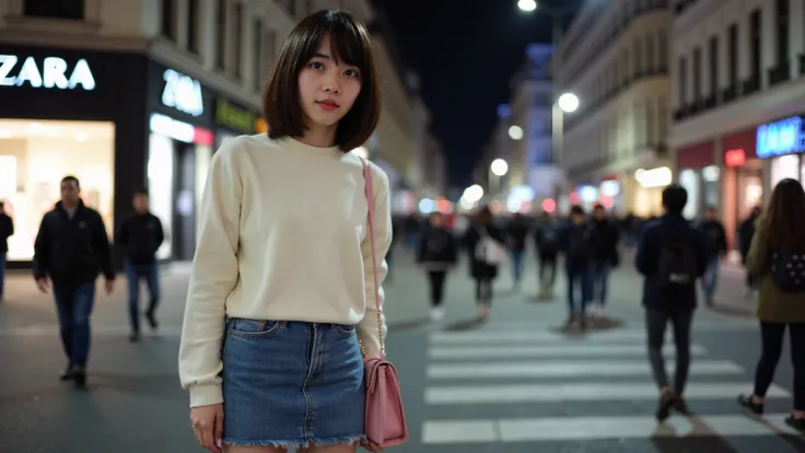 A young woman, light-skinned, with short dark brown hair with bangs, stands on a city sidewalk. She is positioned slightly to the left of center in the image, facing the viewer.  She wears a cream-colored long-sleeve top and a mid-blue denim mini skirt.  H...