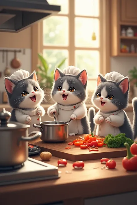 gray white cats cooking