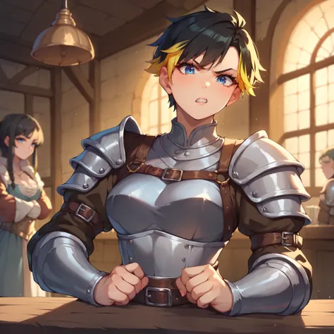 a tomboy with black hair and yellow highlights and blue eyes. she is in medieval armor and looks angry at you while standing in a tavern.