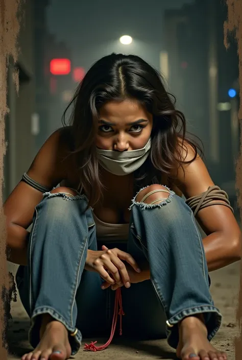 A high-intensity Bollywood movie poster featuring a cute young woman in jeans top in the forefront, looking terrified and helpless, with her hands tied and a gag over her mouth. Her wide, fear-stricken eyes reflect the horror of being napped by a ruthless ...