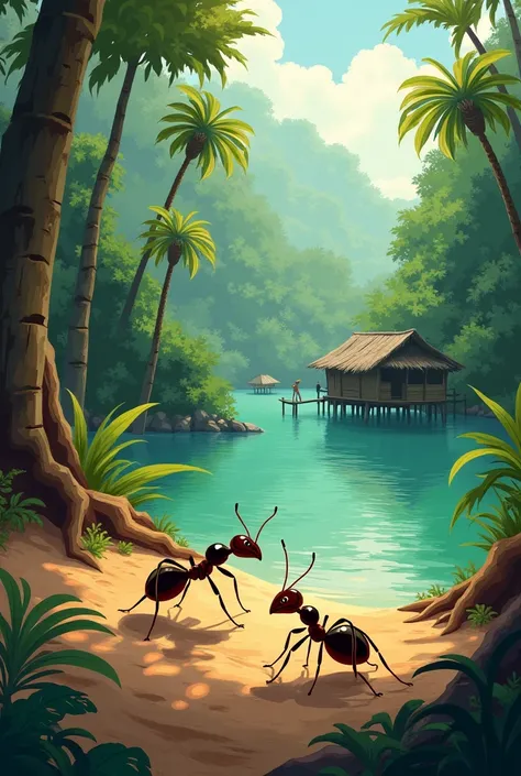 ren's book cover with two image planes. In the foreground, two ants working together on a waterless terrain and in the background of the Igapó forest with an indigenous stilt village