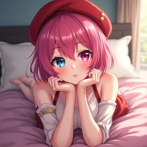   pink hair　  short hair　 Red Beret 　Right eye blue　Left eye pink　 Odd eye big breasts　 anime　 bikini　 hid their breasts with their hands 　 bed　 nudes