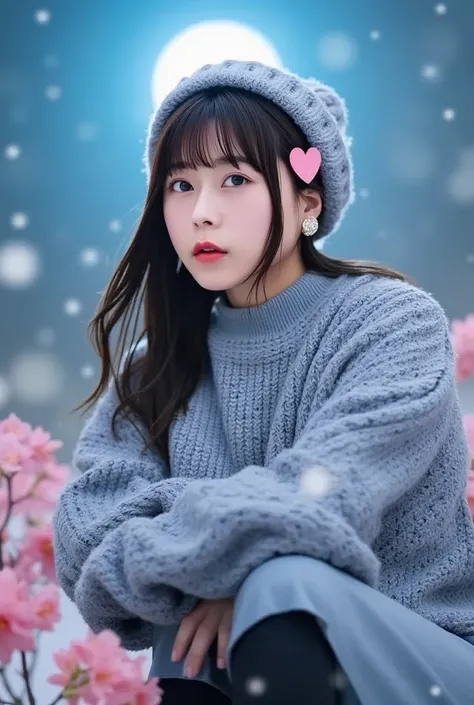  winter beauty spreads ,Outdoors,garden, night sky ADDCOMM ADDCOL blue moon ADDCOL ADDCOL it &#39;Snow falls ADDCOL &#39; SNOW ADDDOW PINK PRIMROSE FLOWER ADDCOL 1 GIRL, long hair,  black hair, flowing bangs :1.3, green eyes,  mole :1.3,  Black Eyes, mediu...