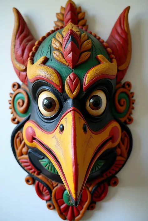 "Create a vibrant, traditional Sri Lankan Gurulu Raksha Mask in the style of folk art. The mask should feature a mythical bird-like creature with a large beak, wide, expressive eyes, and intricate, colorful patterns in red, yellow, green, and black. The de...