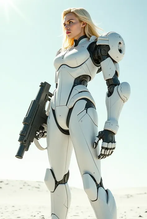 Blond woman in white suit riding a giant white robot holding a gun.