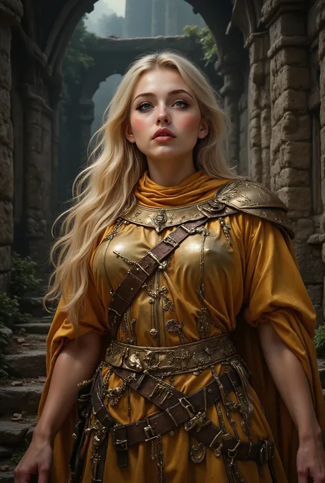 epic fantasy art,  full body shot , 18 year old photoshoot ,  beautiful face, Plus Size,  Athletic ability ,  plump bust woman ,  long blonde hair , blue eyes,  red lips,  white skin, (((Luxurious golden armor))), ((fantasy gold cloak)),  depth of coverage...