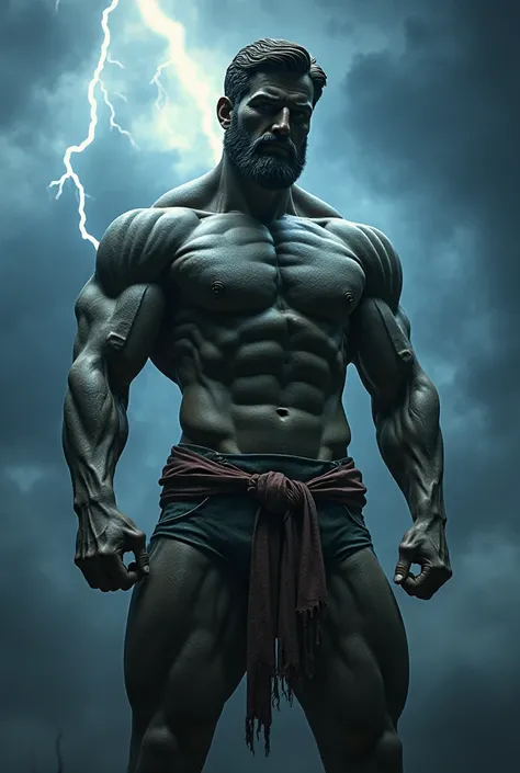 A statue of six pack man with thunder background 