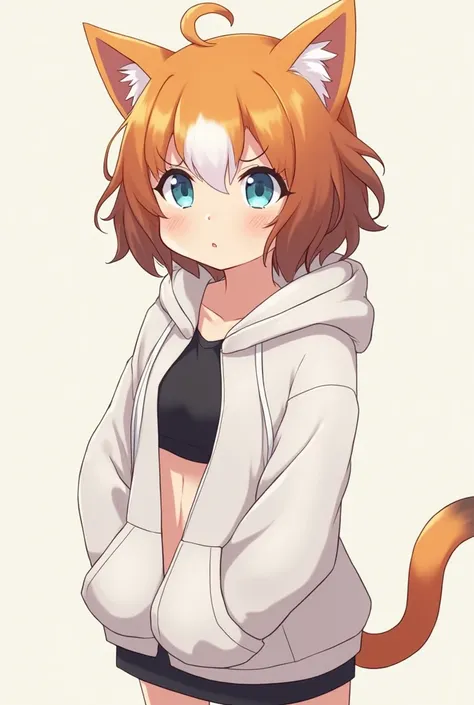 Anime cat girl with tricolor orange on the left side brown on the right and white in the middle, with short curly hair like a boy ,  with light blue eyes in a short white hoodie and a black top and big breasts, ,  stands and looks up at me, looking guiltil...