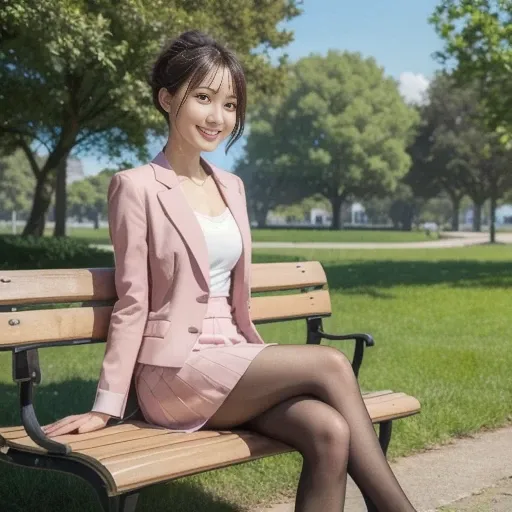 An office lady sitting on a bench in a park, wearing a pink suit and skirt, black stockings and high heels, her hair in a bun, a can of coffee in her hand, a green park in the background. Impressive scenes with expansive landscapes, bright sunlight, detail...