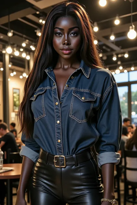 ebony woman in a dark blue denim bust pockets shirt tucked tightly into her black leather pants. She poses in a photo studio. No cleavage. Long dark hair. The lights are towards her. It's very realistic. Portrait photo. beautiful eyes, perfect quality, 8k,...