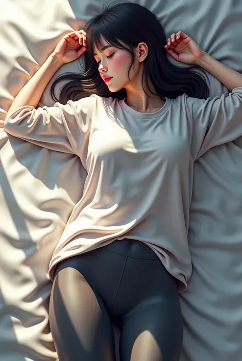 ((masterpiece, top quality,  high definition ,  Highly Detailed CG Unified 8K Wallpaper)),   Japanese girl , Beautiful Japanese woman,  lying on the bed, ( View below  ,  Wear an oversized long sleeve shirt and gray tight leggings:1.2), 1, Detailed Eyeore,...