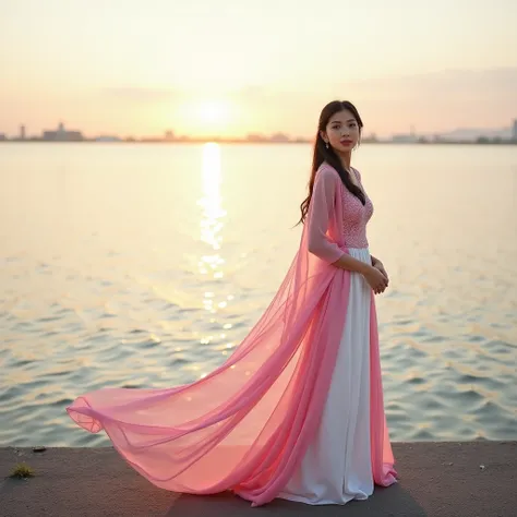 Arafat woman in a pink and white dress standing on a waterside road,  wearing an organza robe ,  full body photo, 亮粉色舞会Dress,  flowing robe, 穿着粉色花朵Dress, Full body wide lens, full pose, 浪漫Dress, 穿着粉红色的舞会Dress, Lady in a glowing flower dress , Romantic Dres...