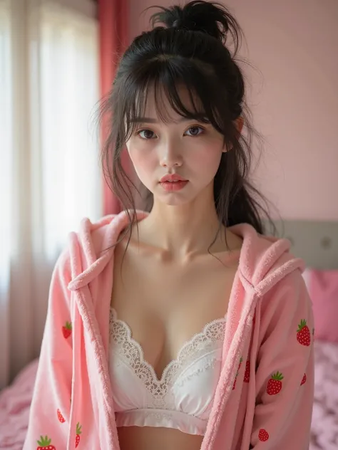 real photograph, (masterpiece), (highest quality), (Super detailed), (messy hair), (shape), (one japanese girl), cute face, (a Strawberry patterned towelling material hooded pajamas, white lace bra , big breast), Are standing, Fashion Model, (interview), (...