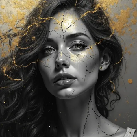 perfect and detailed realistic image of a woman, gray skin with cracks from which silver energy comes out, black and white and gold effect, loving look, full figure of the woman, hd, half black and white and half color of a painting made with gold and silv...