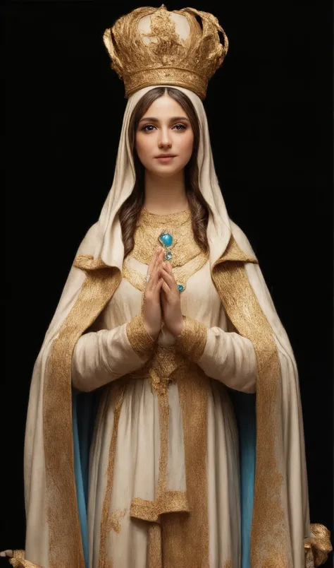 A statue of the Virgin Mary, centered in the image. The statue is depicted in a light beige and cream color, with detailed gold and light blue decorative elements. Mary is portrayed as an adult woman, with a serene and peaceful expression. She has long, fl...