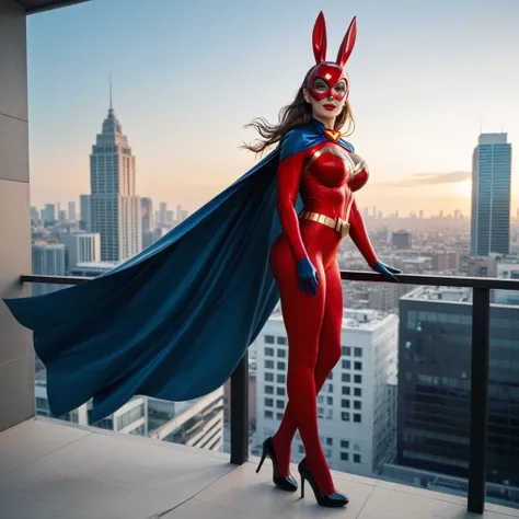 (A superhero woman, with super big breasts, wearing a tight black super girl style costume, with a long cape fluttering in the wind), (She stands on top of a tall building with a city-like backdrop. Her costume has a modern armor design with protective pad...