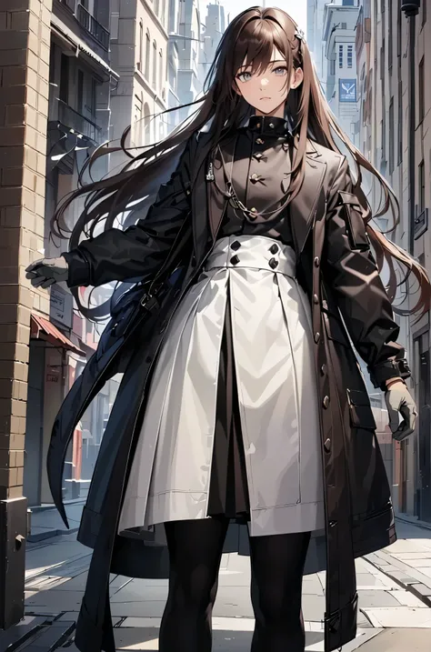 (UHD, super detail, best quality), anime style, 1 boy、dark brown long hair、gray eyes、gray long coat、Grey gloves、Black thick tights、 long white skirt 