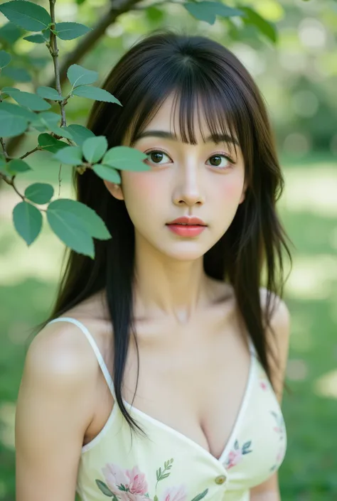 Fujifilm,pale greenish color,Hong Kong vintage film style,Realistic Skin,Retro movie style film photography,. This is a photograph of a young Asian woman with fair skin and straight,dark brown hair,which falls just below her shoulders. She has prominent ba...