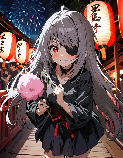 Laurabodewig,   Laura Bodevich  ,  long hair,  red eyes,  Grey Hair , Eye patch,smile,blush, grin ,Chauvan ,double Chauvan , black flower pattern furry sleeve , miniskirt,Bare legs, holding a stick with cotton candy on it with one hand, standing,Fireworks ...