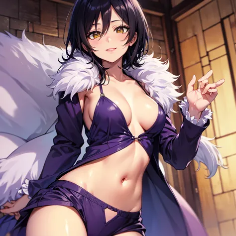 Merlin (Nanatsu No Taizai), solo, adult, medium Hair, Black hair, Golden eyes, breasts, seductive smile, Violet shirt, ubottoned shirt, navel, Violet panties