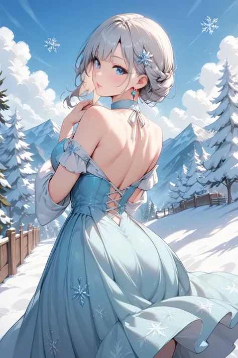 ( super high quality)snowflake, dress, from behind,  looking back, 