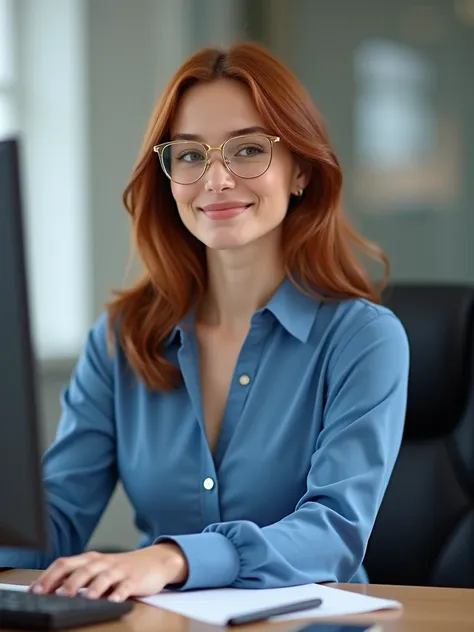 There is an attractive girl with reddish brown hair sitting at an office desk, Use gold-framed glasses, Wear a blue blouse,  Elegant Uniform ,  photo taken in 2 0 2 0 ,  looking at the camera , smile,  looking sideways !, taken with sony alpha 9, pose fron...