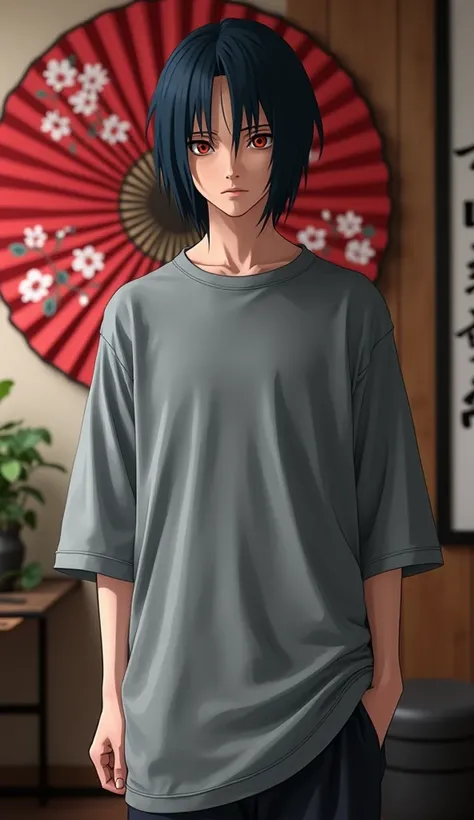 Create a image of character from Naruto , The character depicted is Itachi Uchiha, wearing oversized gray t-shirt, in studio setup, background includes elements that are visually consistent with Japanese culture, such as the red fan with floral designs and...