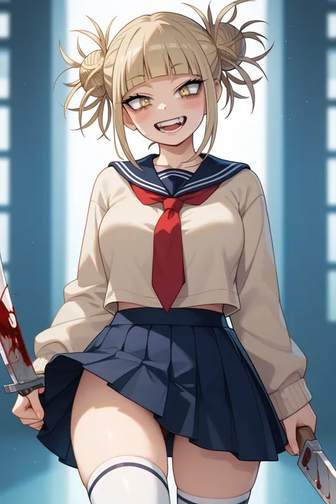 Portray Himiko Toga, a character from Boku no Hero Academia, with her distinctive features and unique personality. She has disheveled blonde hair, cut into a short, choppy style, with two longer strands on the sides that end in reddish tips. His eyes are l...