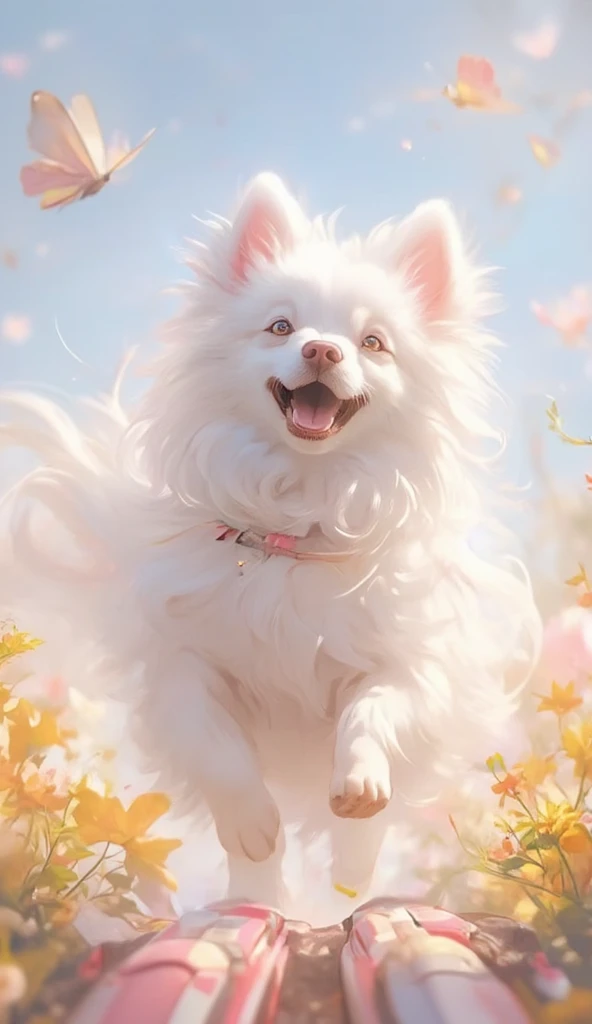 最 high quality,  high quality, reality,  adult Japanese spitz dog  ,  with the edge of the mouth raised 、 looks like they're laughing  , Happy smile ,Pure white coat color  ,  fluffy and soft coat  , tilts its head, Butterflies flying above the sky 々 , sta...