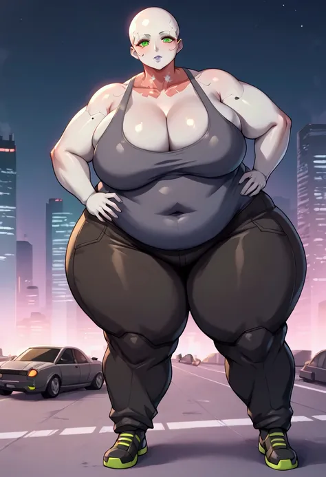 very fat obese woman cyberpunk style voluptuous body, GRAY skin, green eyes, bald, wearing black pants, and straight tank top, big chest, big glutes, cyberpunk style city in the background