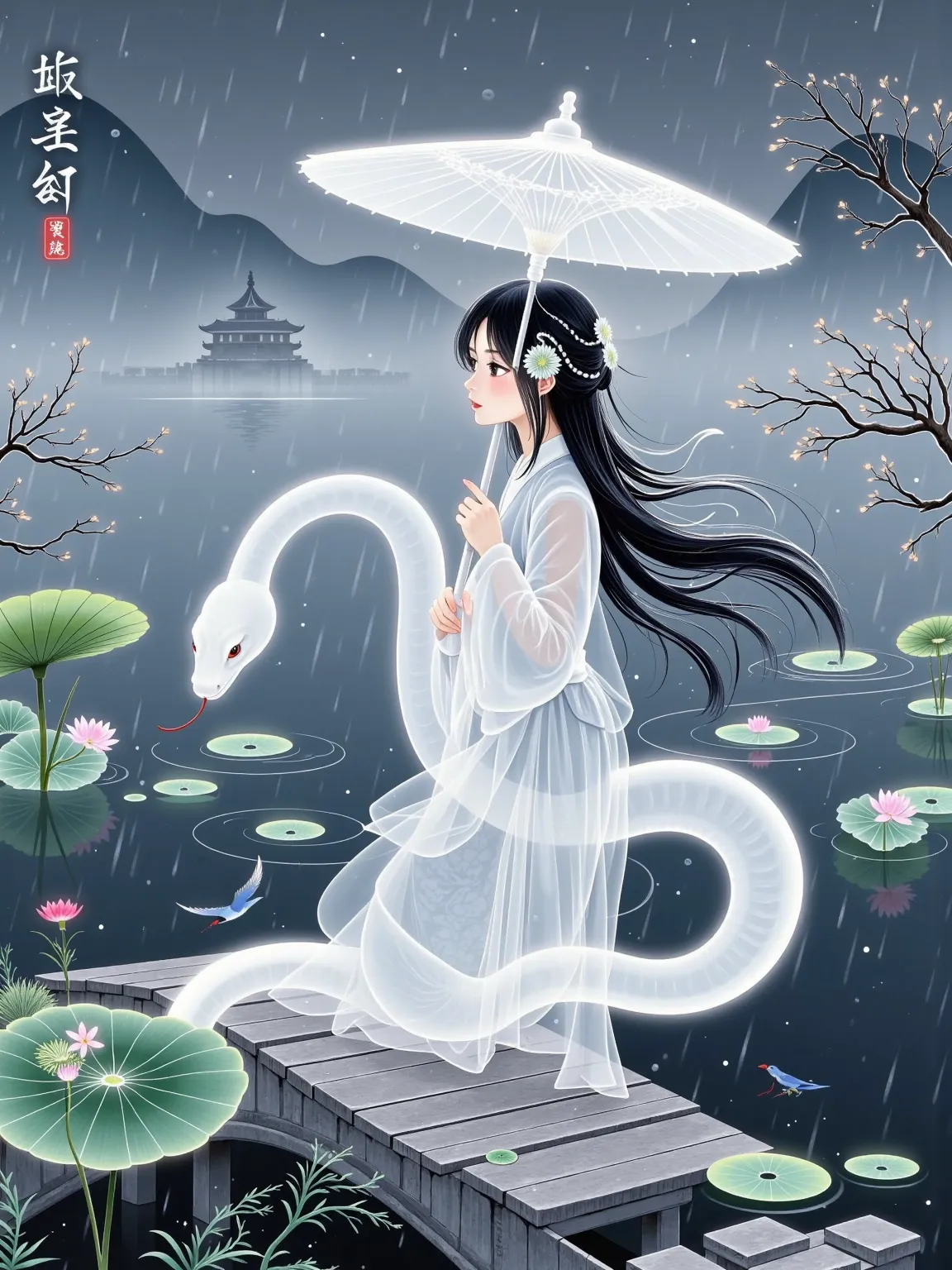 (Flux) Chinese style fluorescent white snake lady illustration - 国风荧光白蛇仕女插画