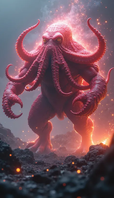 a [OCTOPUS] as a epic fighter very giant and muscle in an epic apocalyptic particles style arena, surreal, but realistic, 4k, photorrealistic, hyperrealistic details, a [CHICKEN] as a epic fighter very giant and muscle in an epic apocalyuptic particles sty...