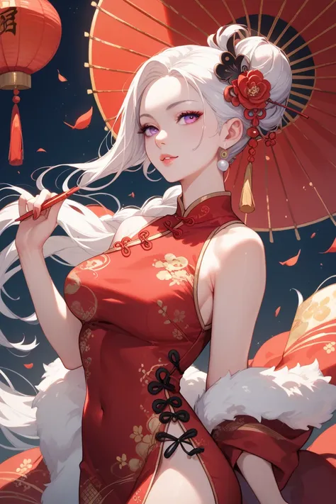 White haired girl with pearl purple eyes mixed with dark blue in red Chinese New Year dress, beautiful white skin, beautiful body.