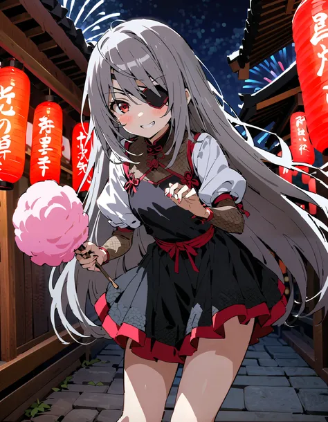 Laurabodewig,   Laura Bodevich  ,  long hair,  red eyes,  Grey Hair , Eye patch,smile,blush, grin ,Chauvan ,double Chauvan , black flower pattern furry sleeve , miniskirt,Bare legs, holding a stick with cotton candy on it with one hand, standing,Fireworks ...