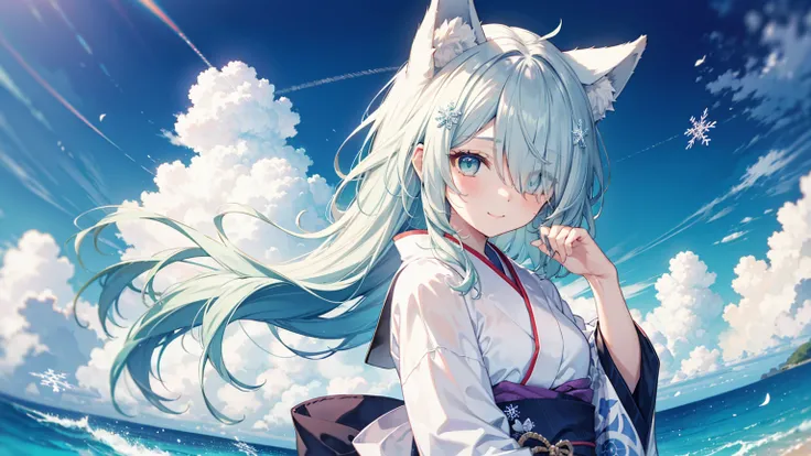  Gray Hair、long hair、hair over one eye、summer、sea、Ruins、 low angle、Cumulonimbus、 slender、  cute pose、smile、  Cool Personality、  boyish、July、  kimono、 Fox Ears、fox tail、 floating hair、 Snowflake、 high school girl、、masterpiece、masterpiece、 pale blue-green ey...