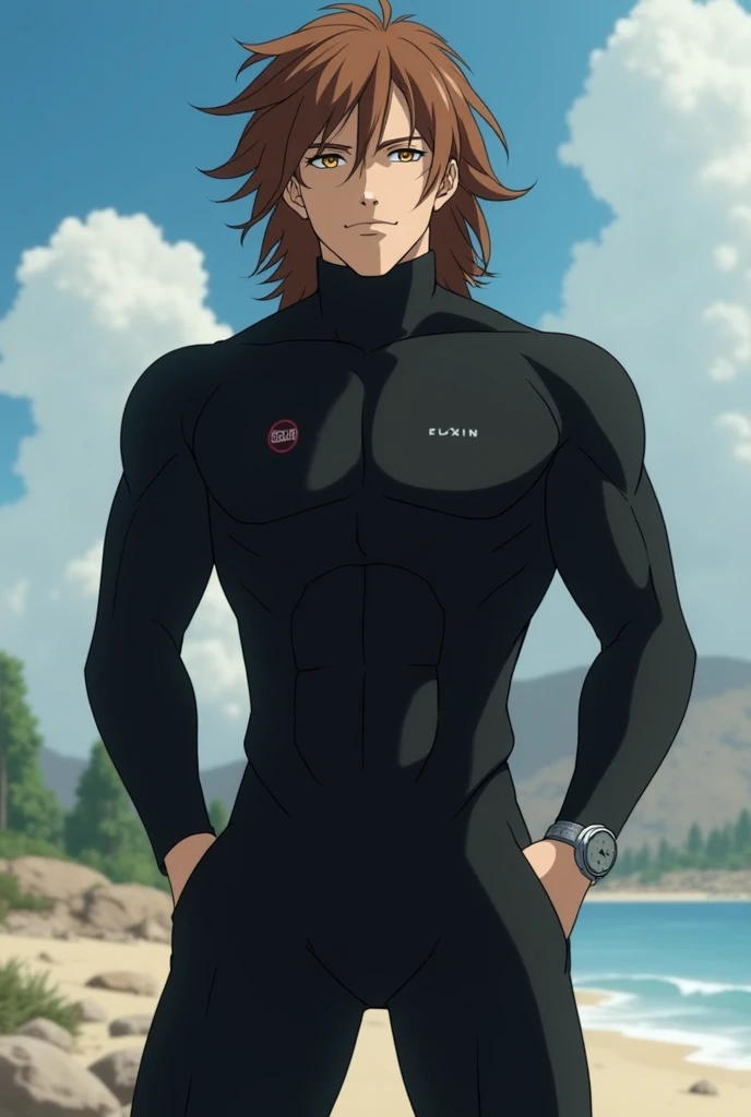 a person in a black diver with wavy brown hair and with a watch and who is standing with his hands in his pockets man and that the image is animated