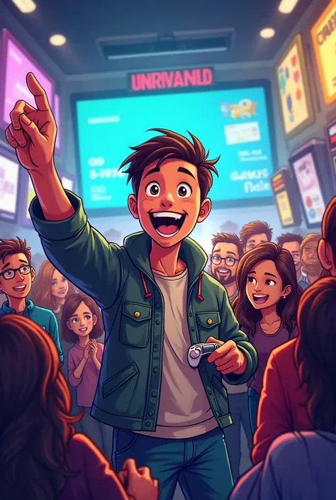 A happy person holding a gamepad shows a game center to a crowd by pointing his finger at it all in a comic book. 